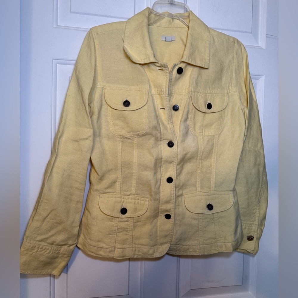 J .Jill Pale Yellow 100% Linen Denim Style Jacket Small Spring Summer Preppy